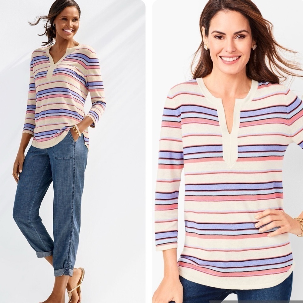 TALBOTS LINEN Blend SPLIT-NECK SWEATER STRIPED SIZE SMALL Oversized Pink Blue